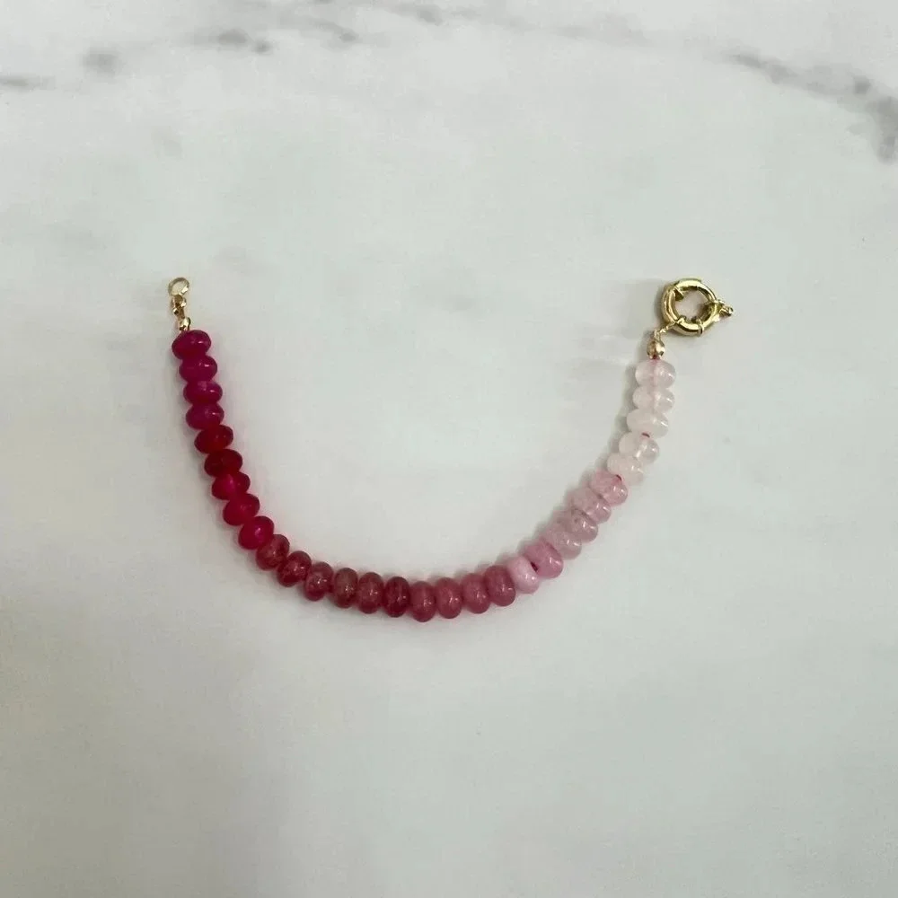 Ombre Pink Jade Gemstone Beaded Hand Knotted Bracelet Gold Filled Clasp